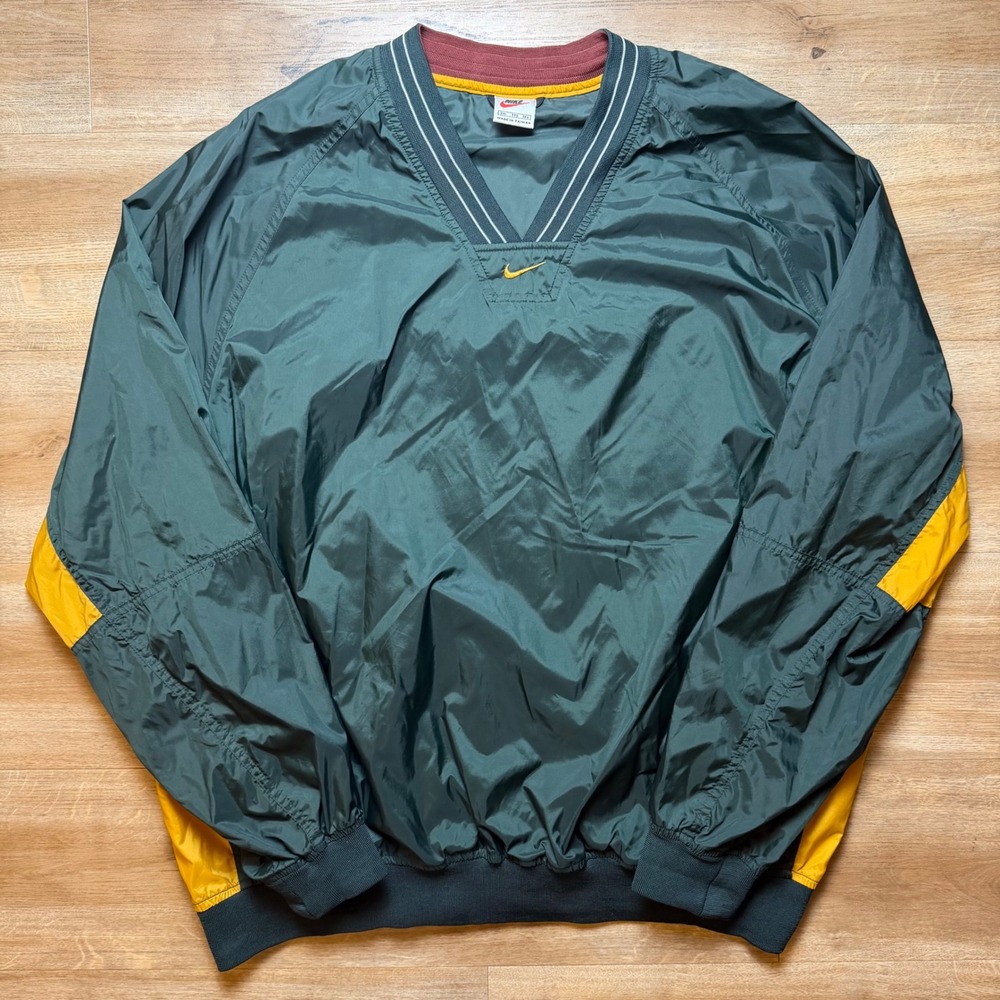 Vintage Nike Windbreaker Men XXL Green Yellow V-Neck Pullover Center Swoosh 90s